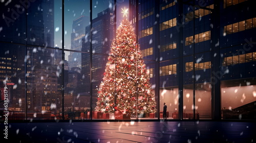 Christmas tree decorated illuminated on snowy evening winter city street in New York