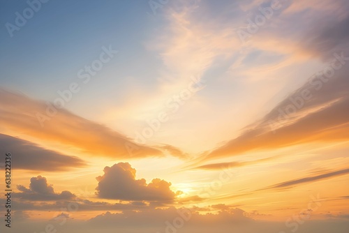 オレンジ色の夕焼けの美しい空と雲。グラデーションする空の色