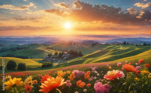 A landscape of rolling hills and vibrant flowers.