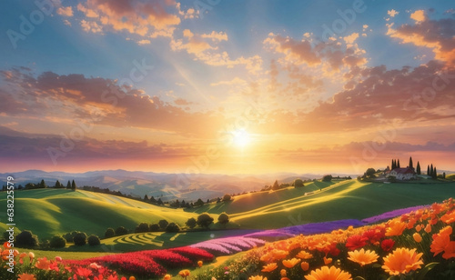 A landscape of rolling hills and vibrant flowers.