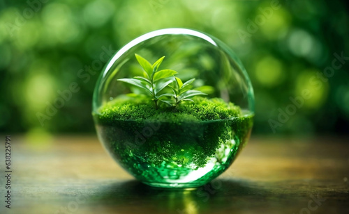 Globe Glass with green little plant World environment day concept.