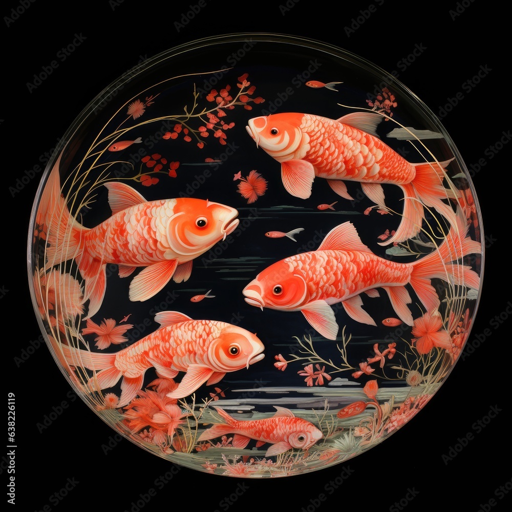 Koi fish with flowers in pond, Koi fish in pond, Stained glass koi fish