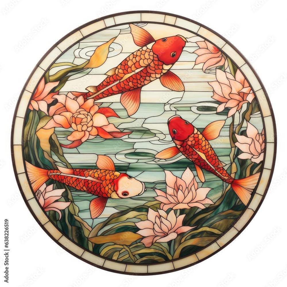 Koi fish with flowers in pond, Koi fish in pond, Stained glass koi fish