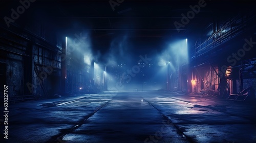 Dark street, wet asphalt, reflections of rays in the water. Abstract dark blue background, smoke, smog. Empty dark scene, neon light, spotlights. generative ai