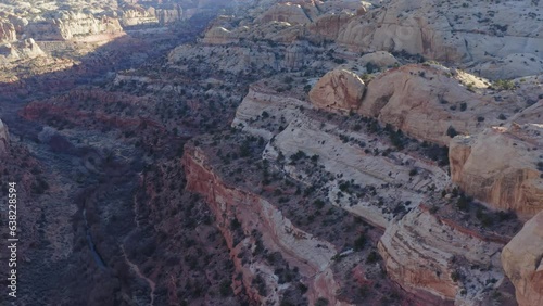 Flying through Calf Creek canyon at sunset, with beautiful rock layering