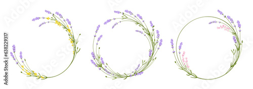 Lavender frames with flowers, circular wreath herbal design set. Hand drawn vintage laurel leaves decorative wedding elements. Botanical rustic floral branch and leaves herb monogram, postcard sticker