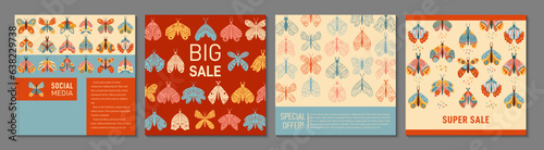 Butterfly moth cover or square card mystical boho design set. Retro bohemian insects pattern flyer, notebook planner with ornament. Brochure social media catalog. Decorative magic moth page background
