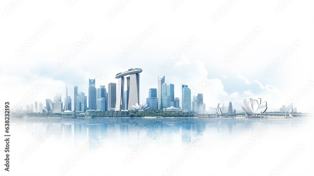 Fototapeta premium Cityscape Reflection: A modern cityscape, reflecting in the serene water. The iconic building stands out, with a unique architectural design, capturing the essence of urban sophistication.