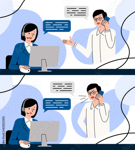 問い合わせをする男性とコールセンターの女性のイラスト