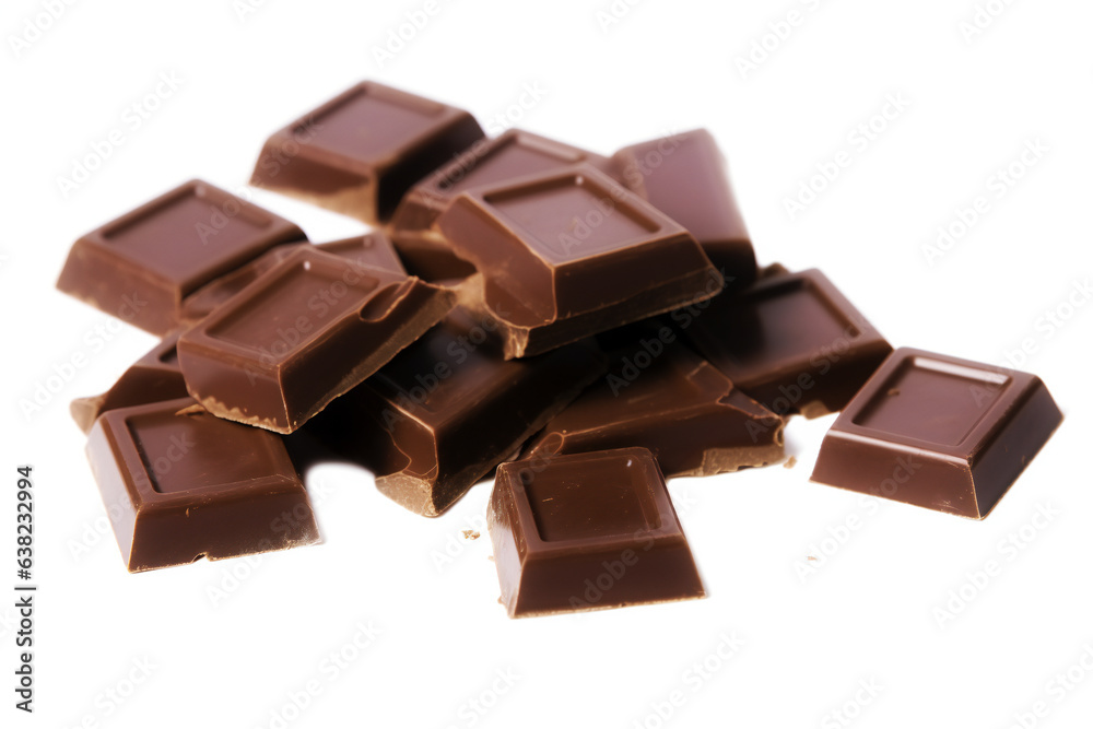 close-up photo of chocolate bars broken and stacked on a white background close-up photo of chocolate bars broken and stacked on a white background