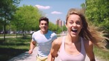 A romantic couple is running for exercise together at park in the morning sunrise.