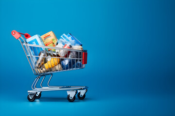 Shopping cart full of garbage on blue background with copy space. Consumerism. Buying junk
