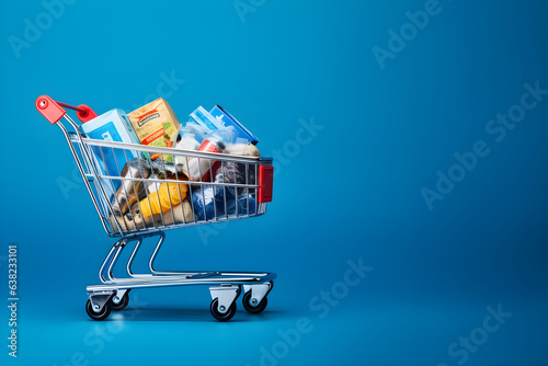 Shopping cart full of garbage on blue background with copy space. Consumerism. Buying junk