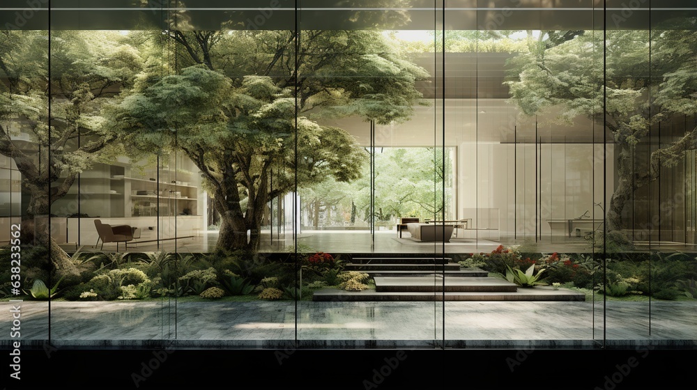 Fototapeta premium Architectural Harmony: A modern glass building seamlessly merges with the lush natural environment, creating a tranquil space filled with light and greenery.