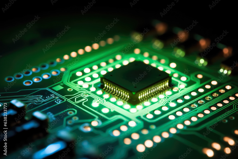 A mesmerizing composition showcasing intricate electronic diodes adorning a printed circuit board, with a radiant LED captivatingly positioned at its heart. A mesmerizing composition showcasing intricate electronic diodes adorning a printed circuit board, with a radiant LED captivatingly positioned at its heart.