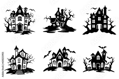 Haunted house silhouette collection. Cartoon Halloween spooky ghost house. Flat vector illustration set
