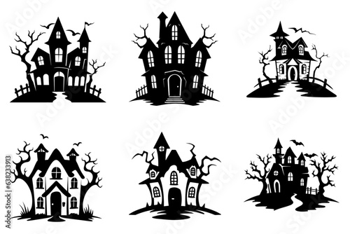 Haunted house silhouette collection. Cartoon Halloween spooky ghost house. Flat vector illustration set