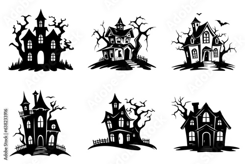 Haunted house silhouette collection. Cartoon Halloween spooky ghost house. Flat vector illustration set
