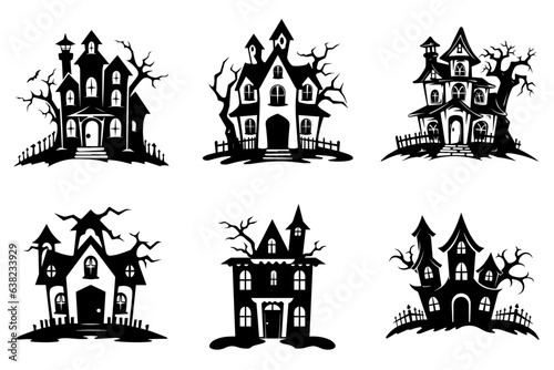 Haunted house silhouette collection. Cartoon Halloween spooky ghost house. Flat vector illustration set