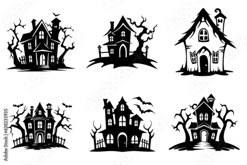 Haunted house silhouette collection. Cartoon Halloween spooky ghost house. Flat vector illustration set