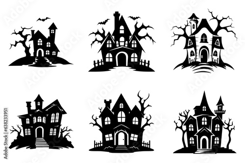 Haunted house silhouette collection. Cartoon Halloween spooky ghost house. Flat vector illustration set