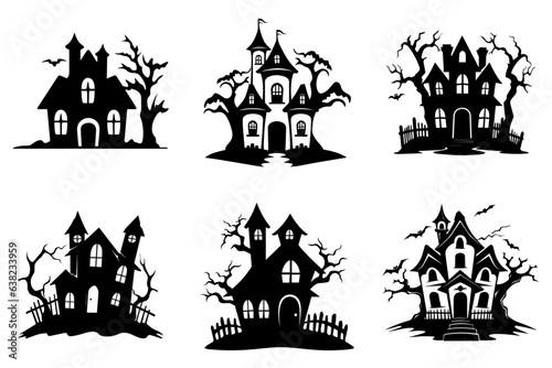 Haunted house silhouette collection. Cartoon Halloween spooky ghost house. Flat vector illustration set