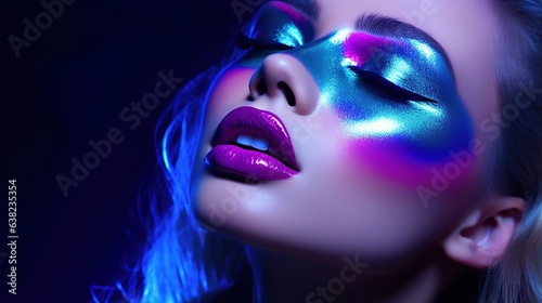 High Fashion model with shiny silver lips and face in brilliant neon ultraviolet blue and purple lights posing in studio, lovely female, glowing make-up, colorful make-up. generative ai