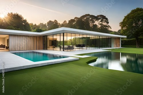 A modern architectural marvel set against a beautifully manicured lawn. The house boasts sleek lines and large windows that blur the boundaries between indoors and outdoors. The lawn is meticulously  © Muhammad