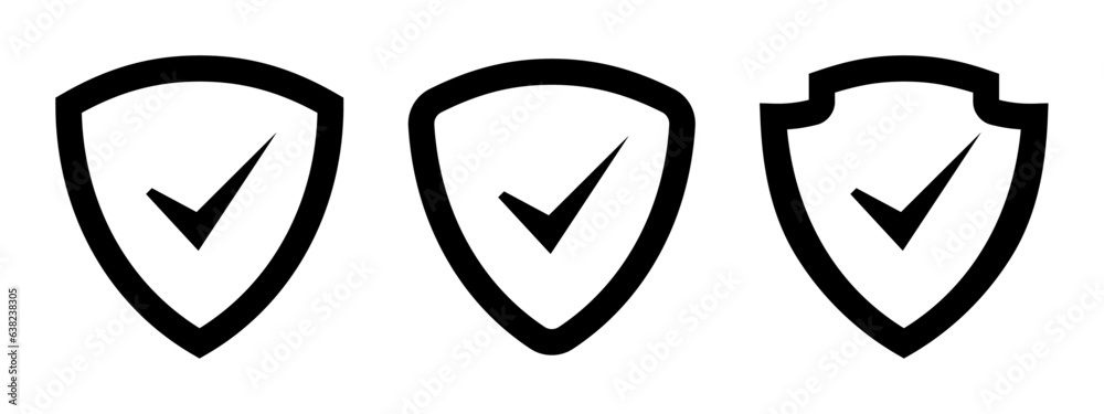Security shield icon set. Security shields logotypes with check mark, tick mark, right and yes mark. Security shield symbols in black color outline. Vector illustration.
