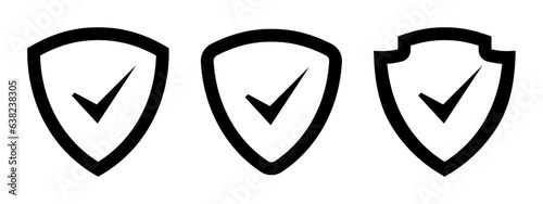 Security shield icon set. Security shields logotypes with check mark, tick mark, right and yes mark. Security shield symbols in black color outline. Vector illustration.