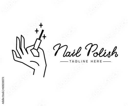 Female manicured hand. Lady painting, polishing nails. Nail polish icon. Vector Illustration of Elegant female hands in a trendy minimalist style. Beauty logo for nail studio or spa salon.