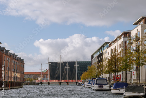  Exterior outdoor view from canal at pedestrian and bicycle bridge, Five Circles Pedestrian Bridge, on the harbour in Christianshavn designed by Olafur Eliasson. photo