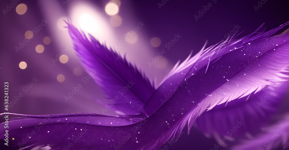 Purple feathers background with glitter and bokeh. Wallpaper for