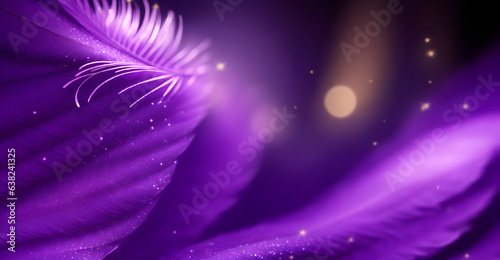 Purple feathers background with glitter and bokeh. Wallpaper for showcase products. Template. Banner for beauty product. Generative ai art.