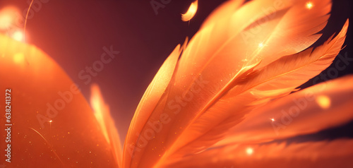 Orange feathers background with glitter and bokeh. Wallpaper for showcase products. Template. Banner for beauty product. Generative ai art.