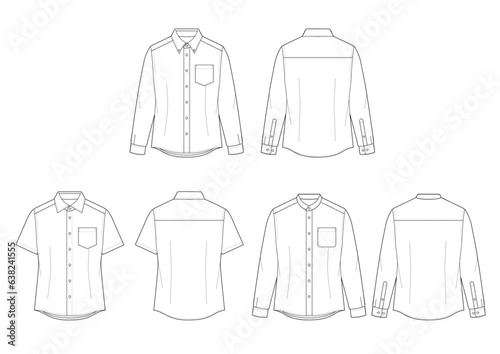 plain white mens shirts flat sketch front and back drawing template.	