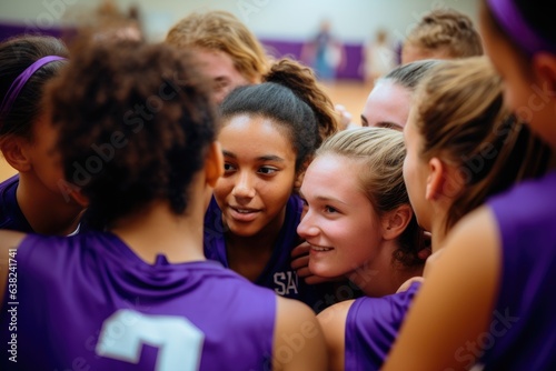 Diverse group of young females in a sports team in a huddle celebrating a win