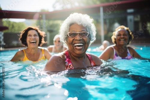 Diverse group of female seniors swimming and having fun at a pool