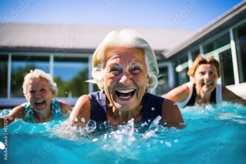 Diverse group of female seniors swimming and having fun at a pool © Geber86