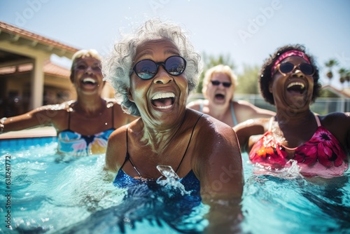 Diverse group of senior women having a water aerobics class in a pool