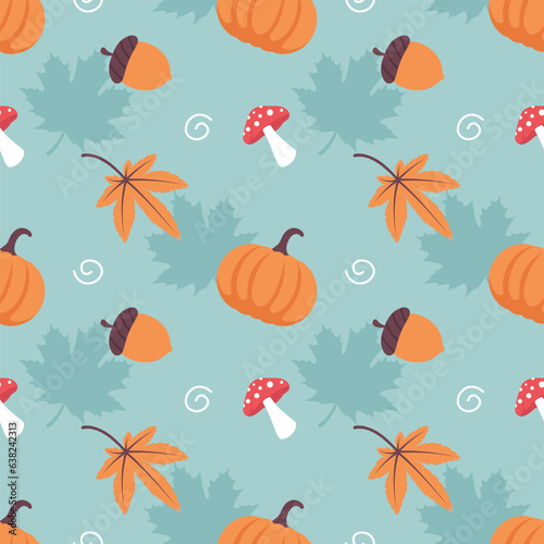 Autumn Season Seamless Pattern Design with Fall Elements in Template Cartoon Flat Illustration