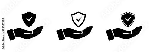 Premium security shield icon set on palm hand. security shields logotypes with check mark, tick mark, right and yes mark. Security shield symbols on hand in black color outline. Vector illustration.