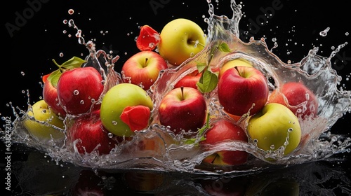 front view fresh red apple hit by splashes of water with black blur background