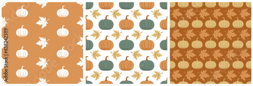 Set of Autumn Season Seamless Pattern Design with Fall Elements in Template Cartoon Illustration