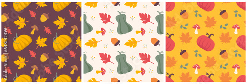 Set of Autumn Season Seamless Pattern Design with Fall Elements in Template Cartoon Illustration