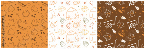 Set of Autumn Season Seamless Pattern Design with Fall Elements in Template Cartoon Illustration