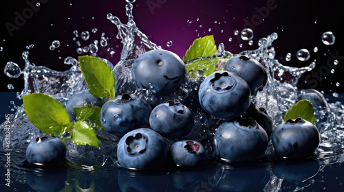 front view fresh blueberries splashed with water on black and blurry background