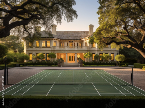 Luxury Mansion Exterior with Tennis Court 