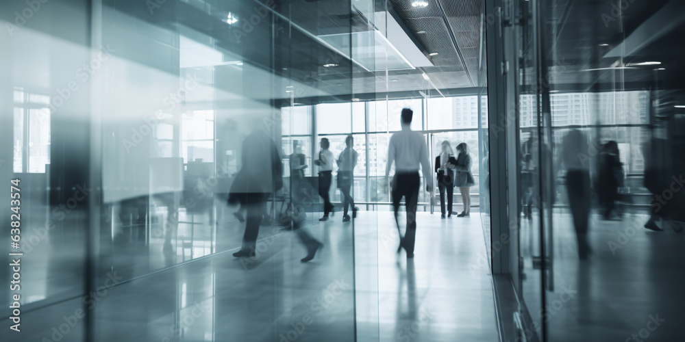 blurred business people in white glass office background - Generative AI blurred business people in white glass office background - Generative AI