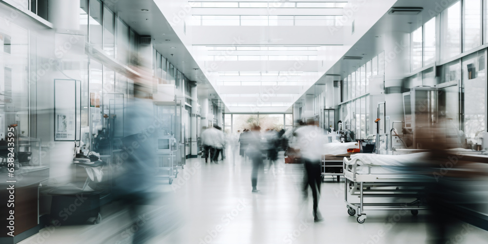 Fototapeta premium blurred people in white a large hospital background - Generative AI